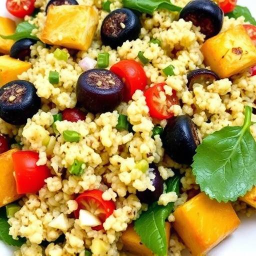 A close-up shot of a delicious and healthy quinoa salad with roasted vegetables