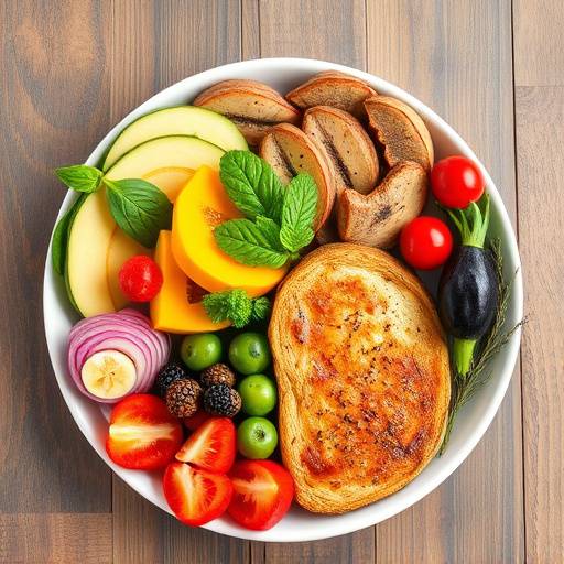 A colorful and diverse plate of healthy food with fruits, vegetables, and protein sources