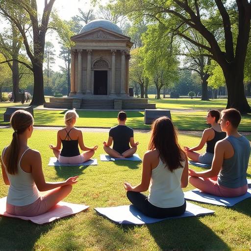 A group of people practicing mindful meditation in a park.