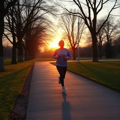 A person jogging through a park at sunrise, symbolizing regular physical activity.