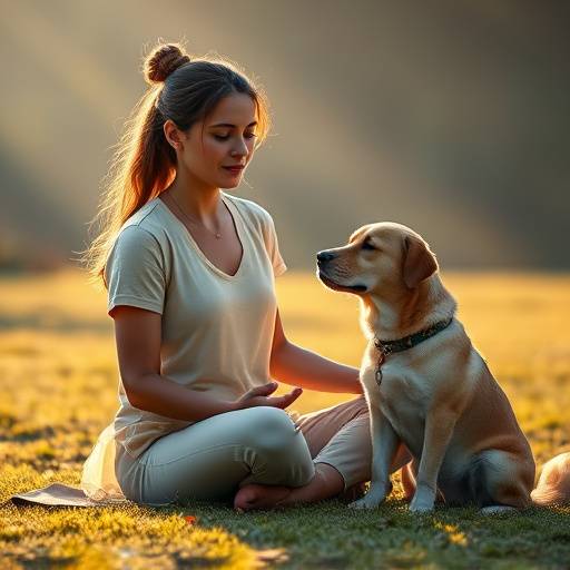 A person meditating with a guide dog sitting nearby, illustrating mindfulness accessibility.